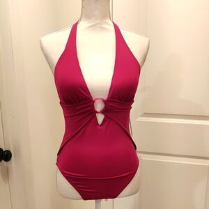 Women Standard Deep V-Neck Halter One Piece Vibrant Pink/Azalea Halter Swimsuit